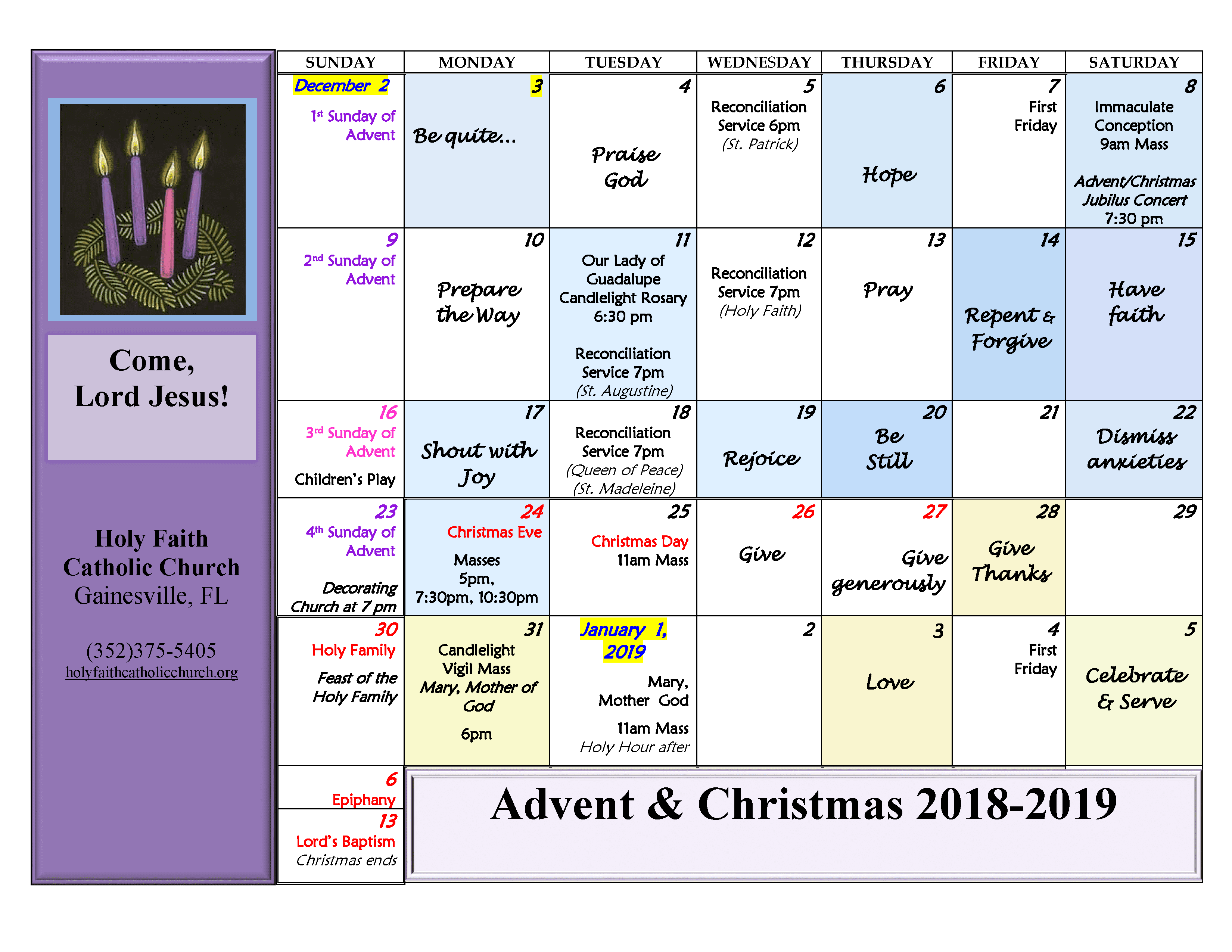 Advent Schedule and Events Holy Faith Catholic Church